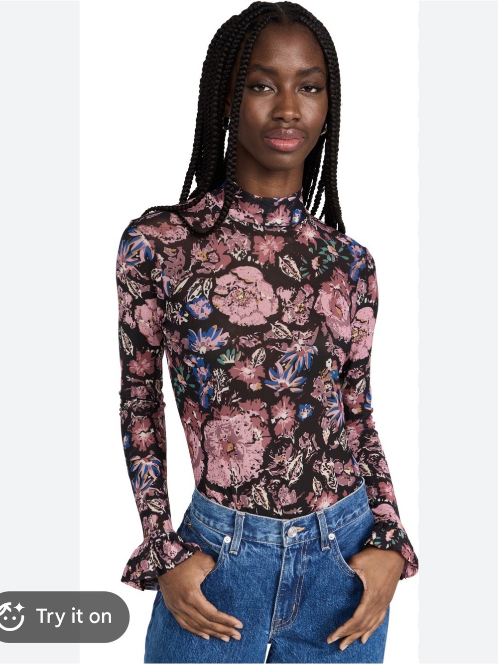 Cleobella Melanie Bodysuit Jolie Long Sleeve Mock Neck Ruffle Mesh Sheer Floral
